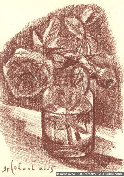 YAROSLAV SOBOL  Tea Roses. 2005. Sanguine on paper. 20,5x14,5 (8 x 5 5/8 in) // Чайні троянди. 2005. Папір, сангіна. 20,5x14,5