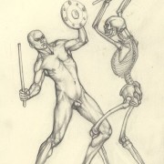 З серії малюнків до картини «Бій глиняних чоловічків з кістяками». 2004. Папір, олівець. 21x15