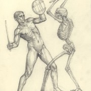 З серії малюнків до картини «Бій глиняних чоловічків з кістяками». 2004. Папір, олівець. 19,2x14,8