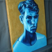 Original oil painting of the beautiful and handsome and strong young man on the gold background